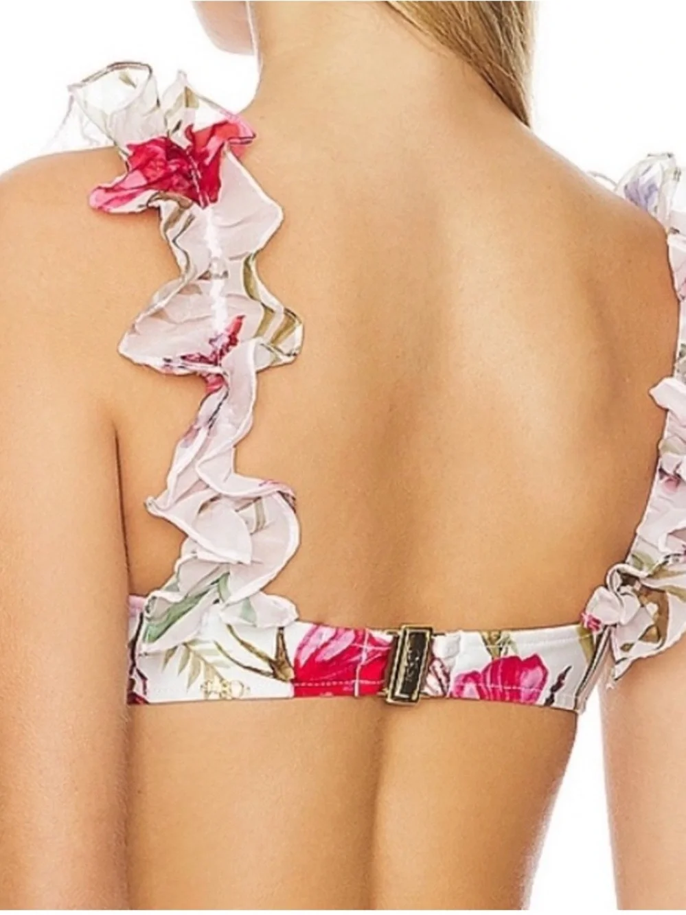 PatBO Floral Ruffle Strap Bikini Top in White and Pink